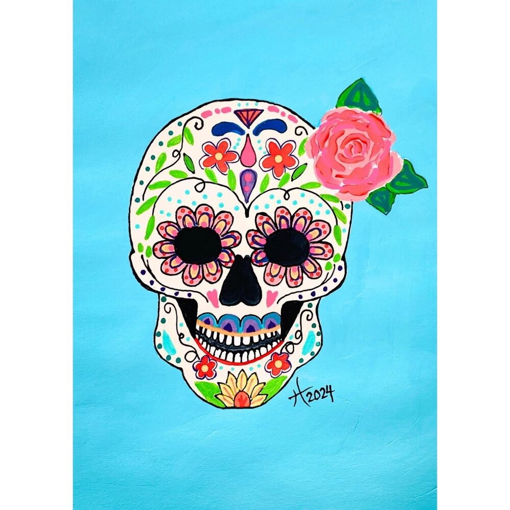 Happy Sugar Skull Original Day of the Dead Wall Art Acrylic Painting 11x14in